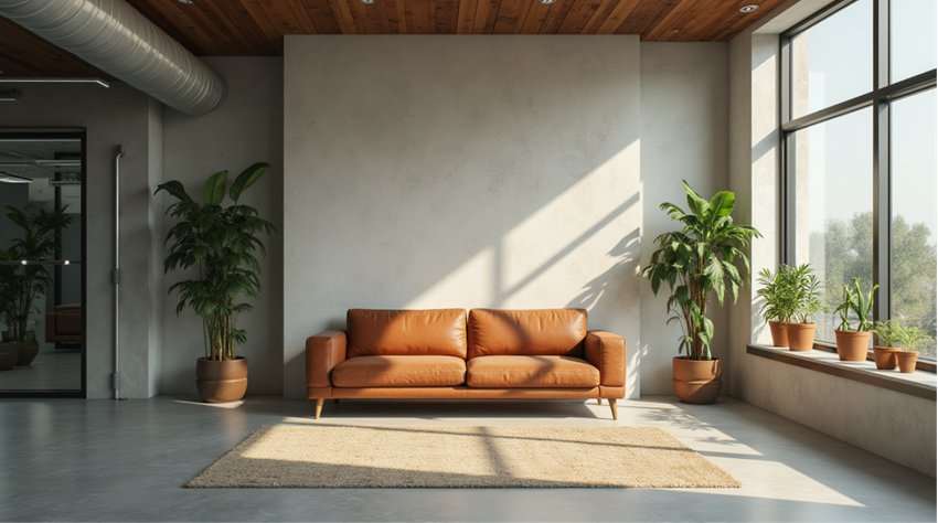 Interior renderizado digitalmente con un sofá de cuero y plantas en macetas, que ilustra mobiliario modelado en BIM dentro del diseño arquitectónico.