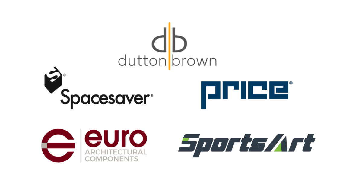 Logos of Dutton Brown, Price, Spacesaver, Euro Architectural Components, and SportsArt.